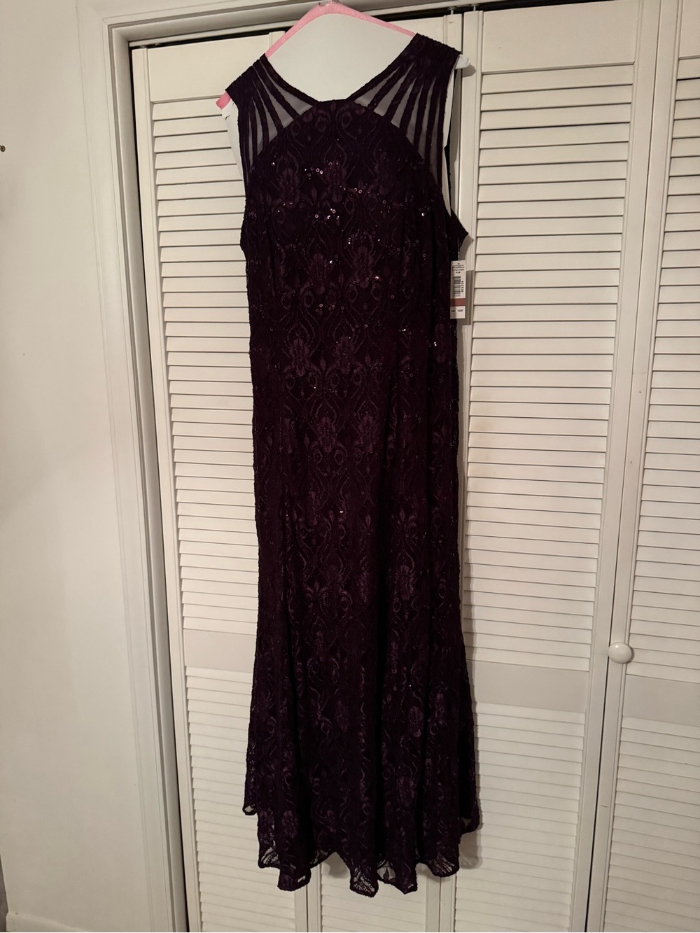 R&M Richards Deep Plum Lace Maxi Gown with Sheer Yoke